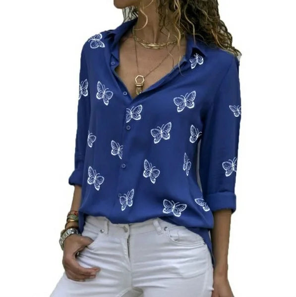 Oversized S-5XL Women Butterfly Print Loose Blouse Shirts Summer Female Long Sleeve Button Baggy OL Workwear Tops ARJ-199Y