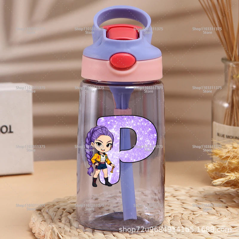 Move K-Pop Demon Hunters Plastic Water Bottle with Straw Letter A-Z Fashion Portable Portable Kettle Girls Cartoon Birthday Gift