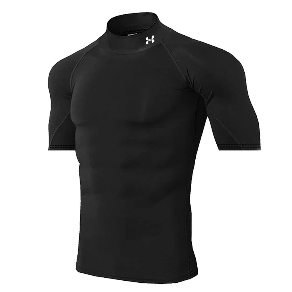 Men's Fitness Compression Short-sleeved Summer Outdoor Sports Running Tight T-shirt Breathable Turtleneck Training Suit Top