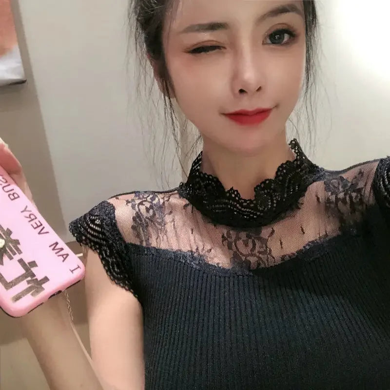 Woman TShirts Crop Top Summer Stand Collar Mesh Lace Stitching Sleeveless Knitted T-shirt Top Mujer Camisetas