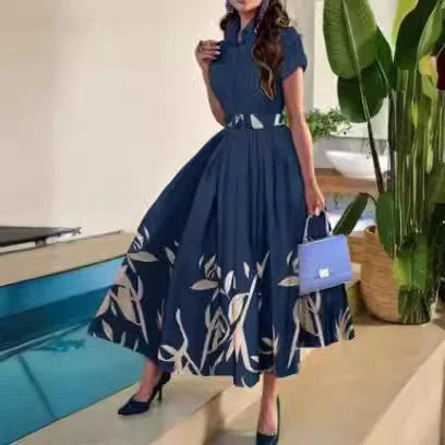 Print Floral Dresses Short Sleeve Turn Down Collar Women Button Dress A Line Folds Vestidos Belt Casual Basics 2025 Summer