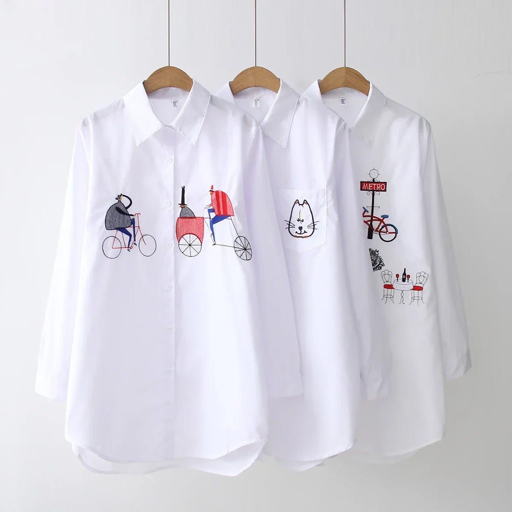 New White Women Blouse 2025 Long Sleeve Cotton Embroidery Blouse Lady Casual Button Design Turn Down Collar Female Shirt