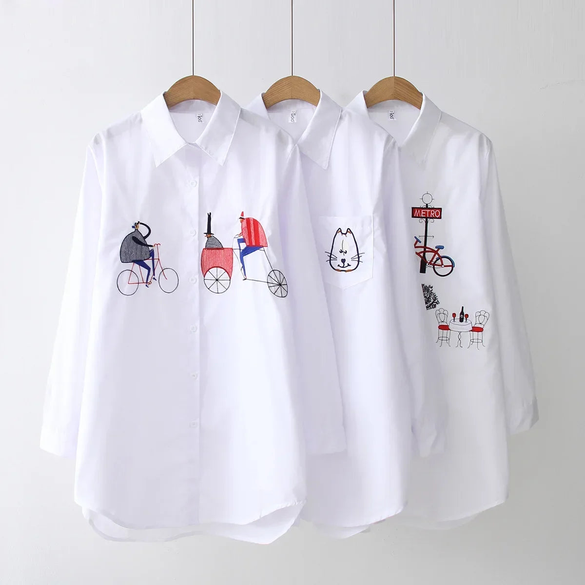 New White Women Blouse 2025 Long Sleeve Cotton Embroidery Blouse Lady Casual Button Design Turn Down Collar Female Shirt