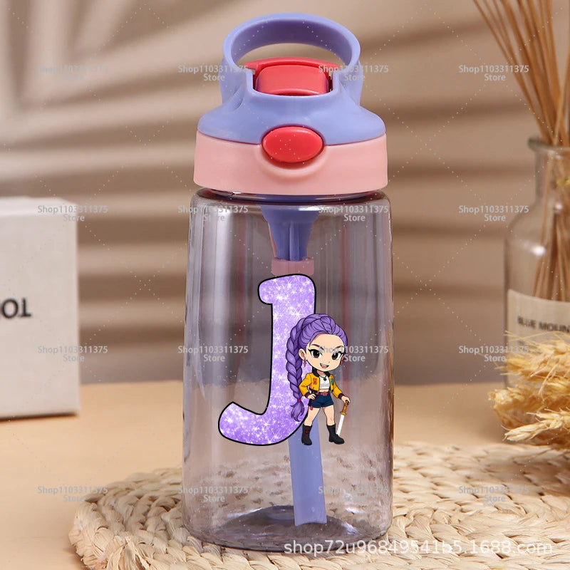 Move K-Pop Demon Hunters Plastic Water Bottle with Straw Letter A-Z Fashion Portable Portable Kettle Girls Cartoon Birthday Gift