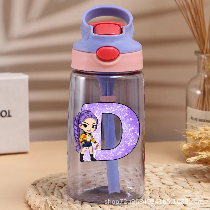 Move K-Pop Demon Hunters Plastic Water Bottle with Straw Letter A-Z Fashion Portable Portable Kettle Girls Cartoon Birthday Gift