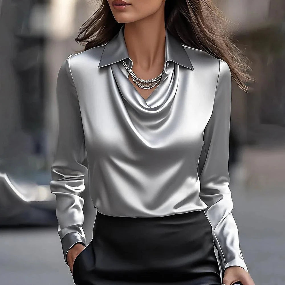 Women's Blouse Solid color Full Sleeve Swing Collar Pullover Temperament Printing Simple Shirt Office Lady Elegent Tops