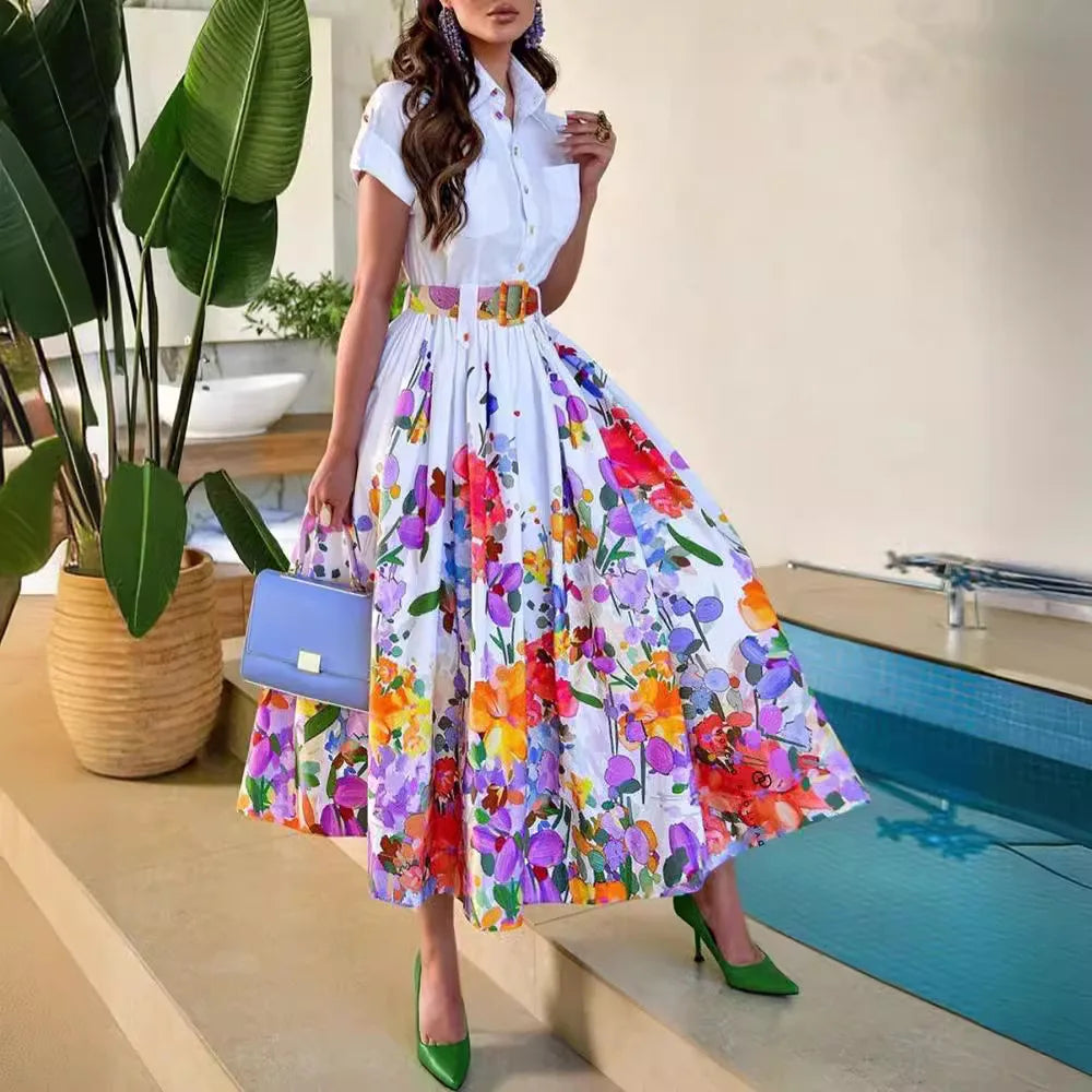 Print Floral Dresses Short Sleeve Turn Down Collar Women Button Dress A Line Folds Vestidos Belt Casual Basics 2025 Summer