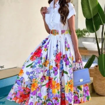 Print Floral Dresses Short Sleeve Turn Down Collar Women Button Dress A Line Folds Vestidos Belt Casual Basics 2025 Summer