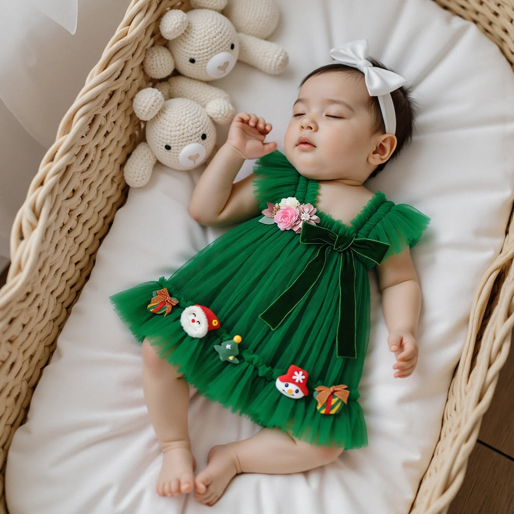 FOCUSNORM 0-4Y Princess Kids Girls Christmas Tulle Dress 3D Flower Santa Bow Sleeveless Suspender A-Line Dress for Party