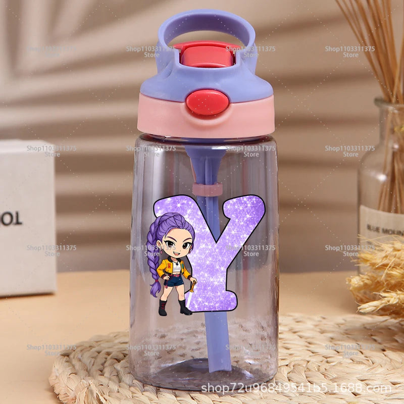 Move K-Pop Demon Hunters Plastic Water Bottle with Straw Letter A-Z Fashion Portable Portable Kettle Girls Cartoon Birthday Gift