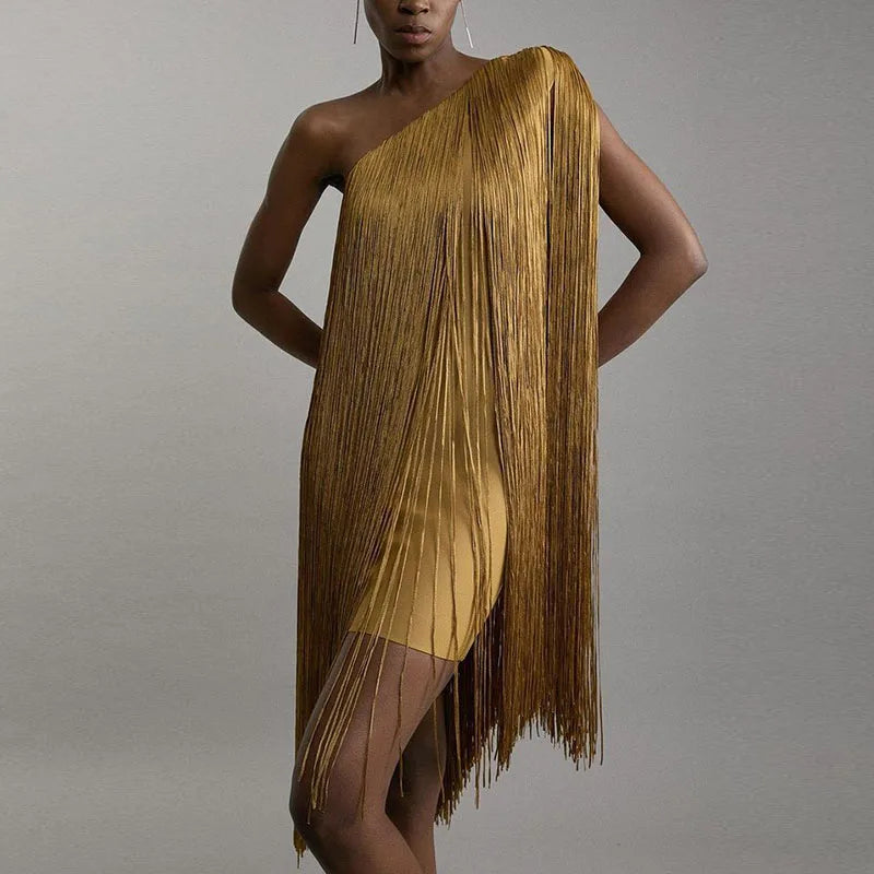 Woman One Shoulder Fringe Tassel Mini Dress Chic Sleeveless Hollow Short Dress Summer Sexy Diagonal Collar Gowns Evening Dresses