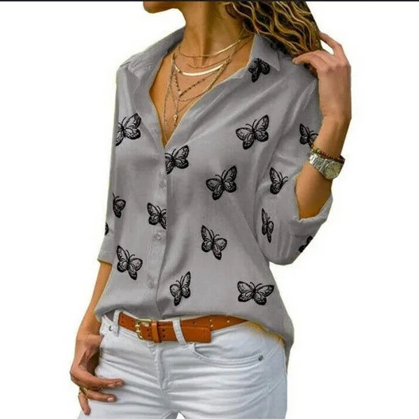 Oversized S-5XL Women Butterfly Print Loose Blouse Shirts Summer Female Long Sleeve Button Baggy OL Workwear Tops ARJ-199Y