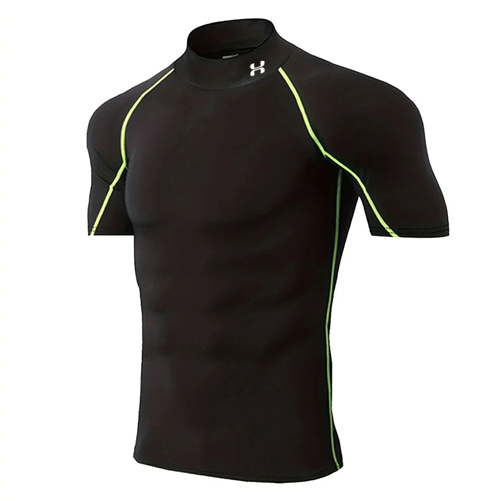 Men's Fitness Compression Short-sleeved Summer Outdoor Sports Running Tight T-shirt Breathable Turtleneck Training Suit Top
