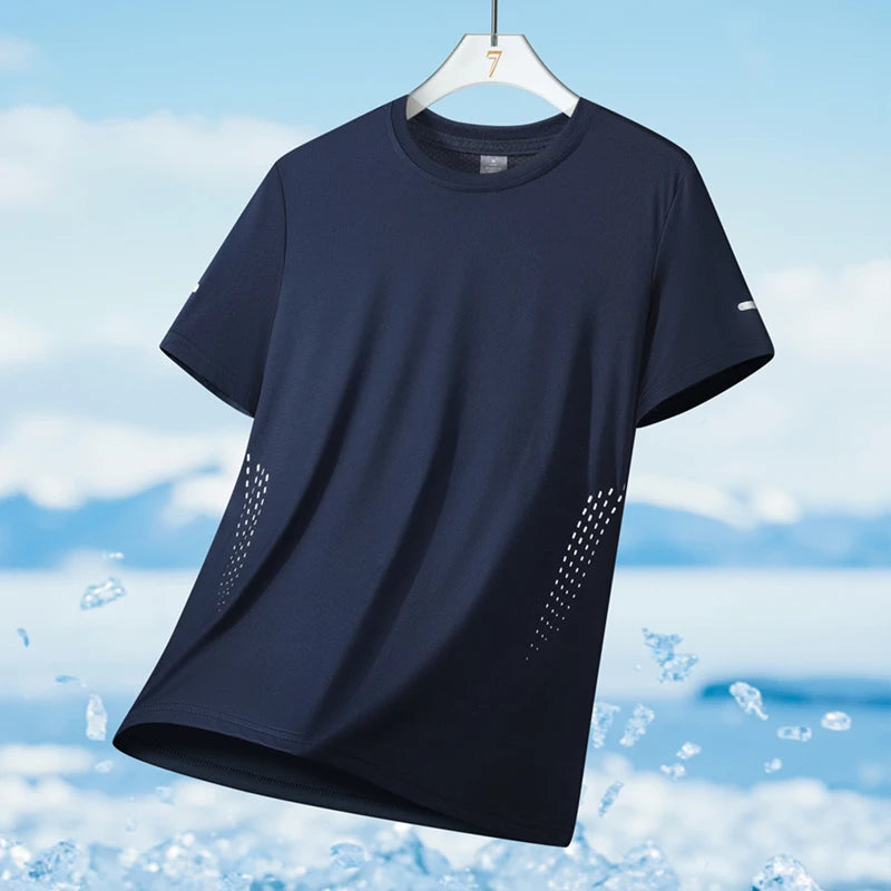 Running T-shirt Men Summer Ice Silk Thin Top Reflective Printing Quick Dry Short Sleeve Breathable Fitness Sports T-shirt 5XL