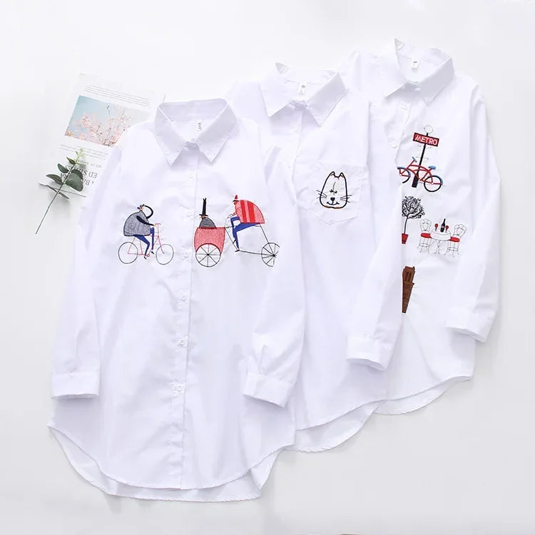 New White Women Blouse 2025 Long Sleeve Cotton Embroidery Blouse Lady Casual Button Design Turn Down Collar Female Shirt