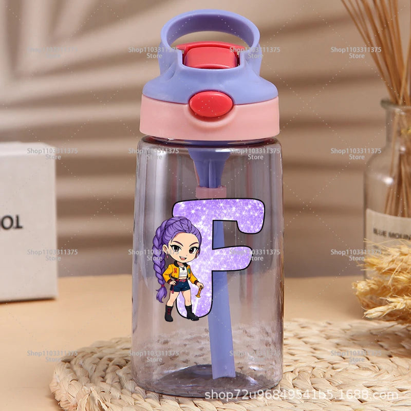 Move K-Pop Demon Hunters Plastic Water Bottle with Straw Letter A-Z Fashion Portable Portable Kettle Girls Cartoon Birthday Gift
