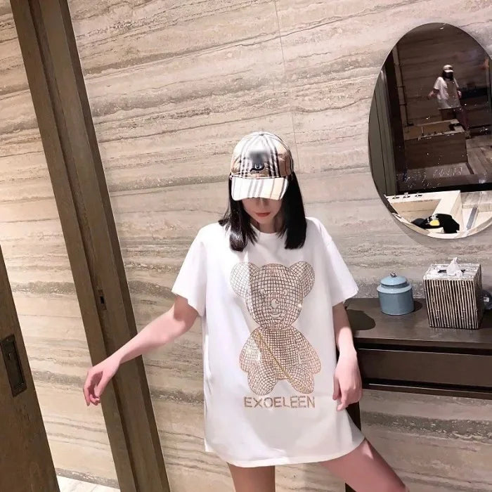 Trendy Diamond-Embellished Gold Bear Short Sleeve T-Shirt Plus Size Women's Summer Korean Style Top Loose Fit Medium-Length