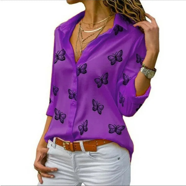 Oversized S-5XL Women Butterfly Print Loose Blouse Shirts Summer Female Long Sleeve Button Baggy OL Workwear Tops ARJ-199Y