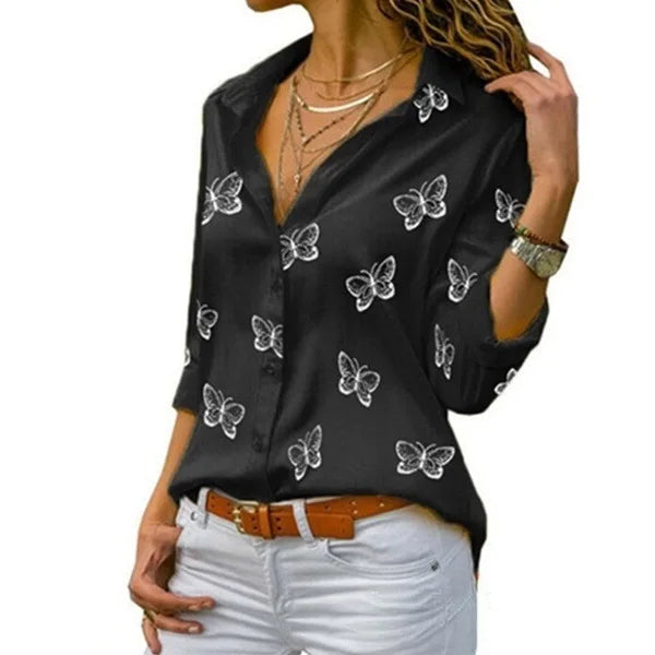 Oversized S-5XL Women Butterfly Print Loose Blouse Shirts Summer Female Long Sleeve Button Baggy OL Workwear Tops ARJ-199Y