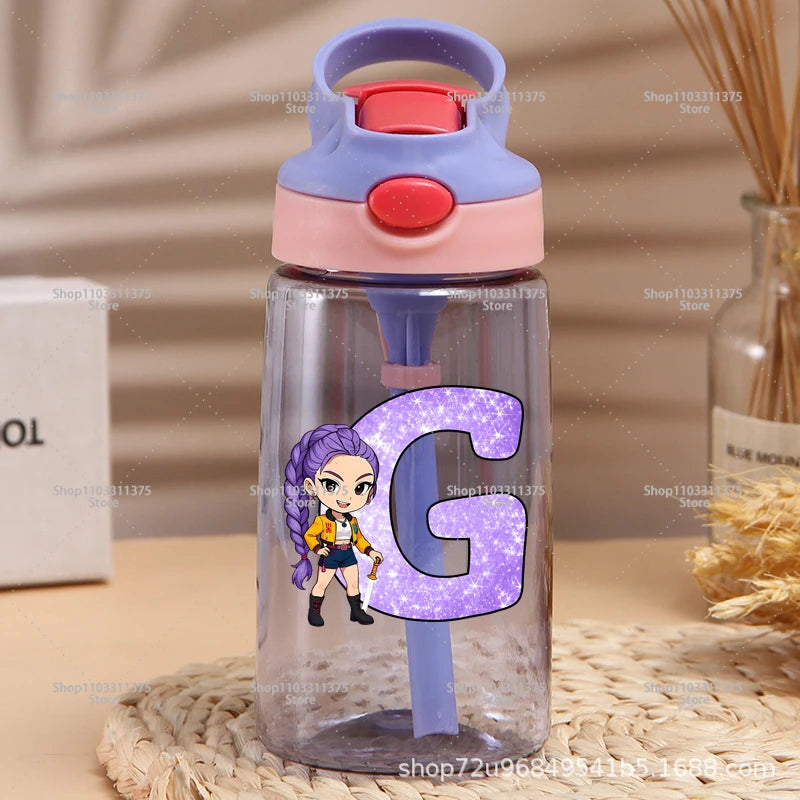 Move K-Pop Demon Hunters Plastic Water Bottle with Straw Letter A-Z Fashion Portable Portable Kettle Girls Cartoon Birthday Gift