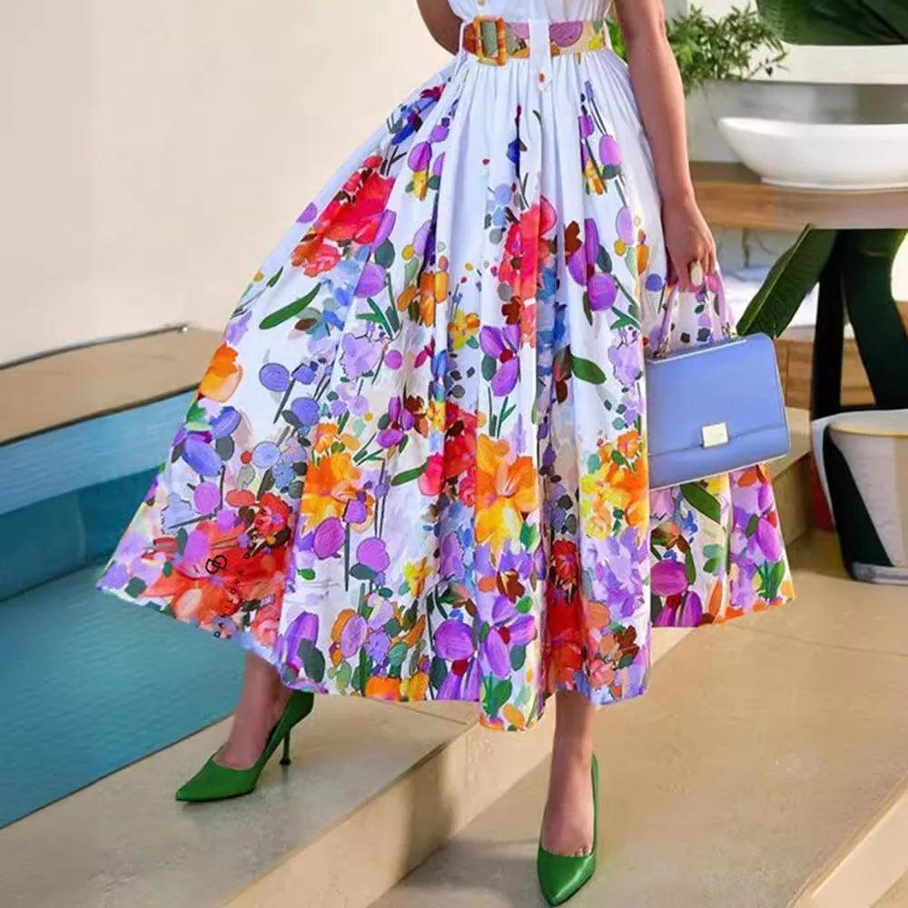 Print Floral Dresses Short Sleeve Turn Down Collar Women Button Dress A Line Folds Vestidos Belt Casual Basics 2025 Summer