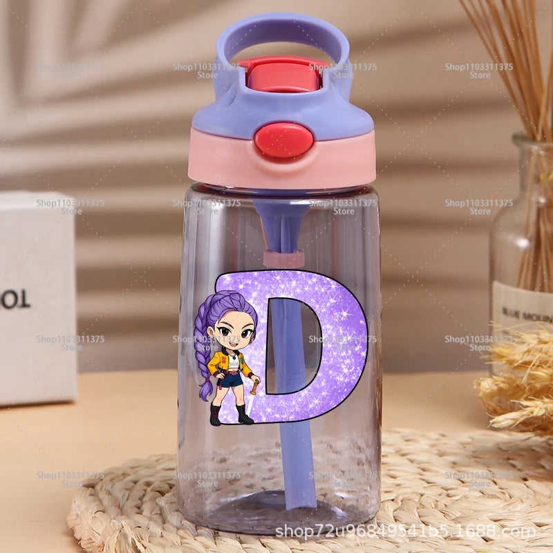 Move K-Pop Demon Hunters Plastic Water Bottle with Straw Letter A-Z Fashion Portable Portable Kettle Girls Cartoon Birthday Gift