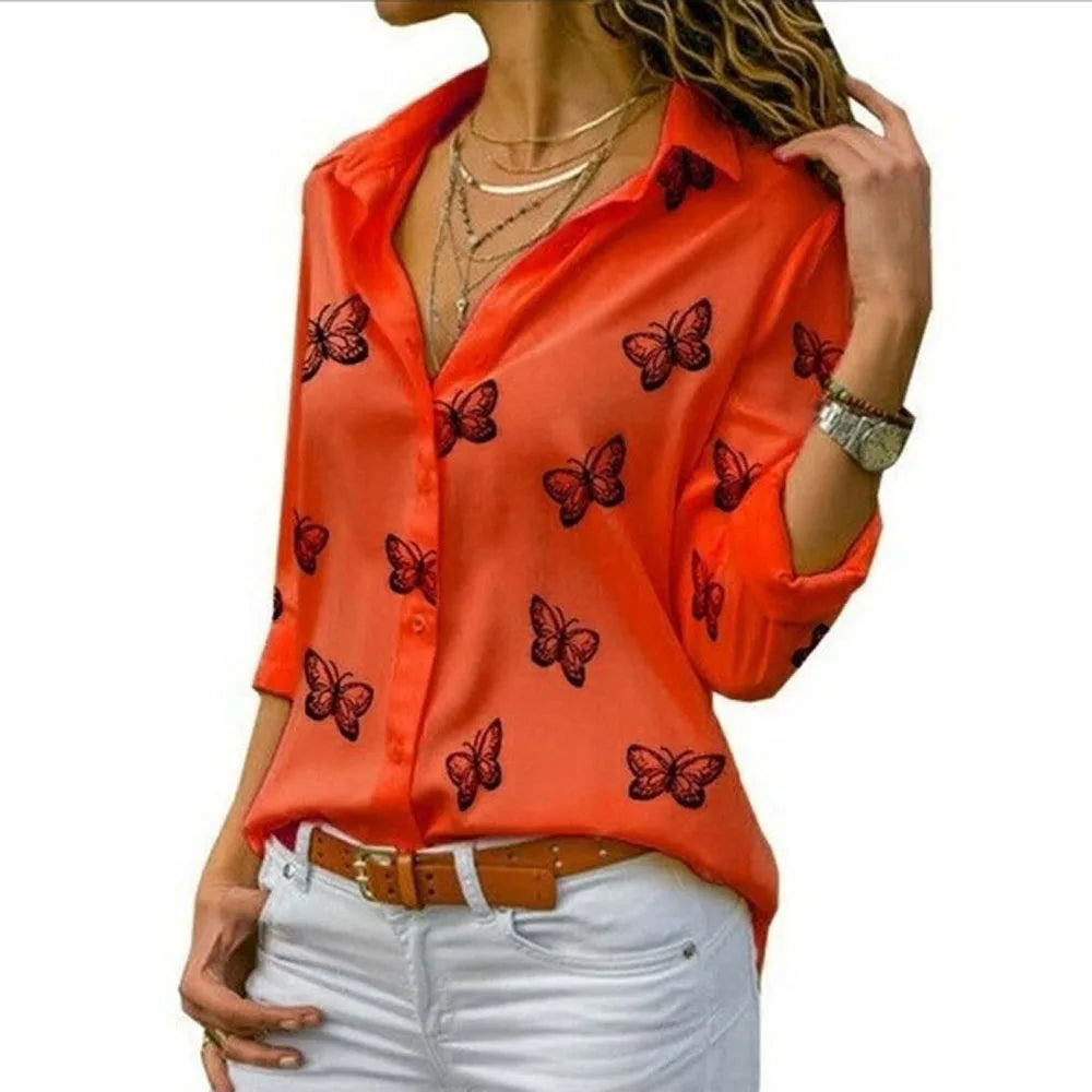 Oversized S-5XL Women Butterfly Print Loose Blouse Shirts Summer Female Long Sleeve Button Baggy OL Workwear Tops ARJ-199Y