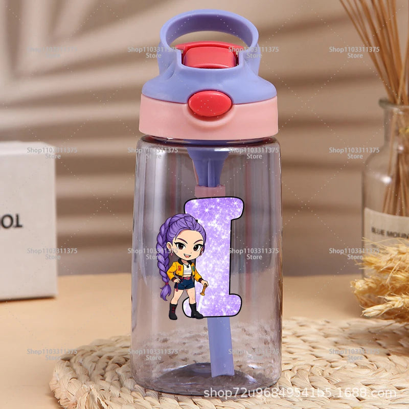 Move K-Pop Demon Hunters Plastic Water Bottle with Straw Letter A-Z Fashion Portable Portable Kettle Girls Cartoon Birthday Gift