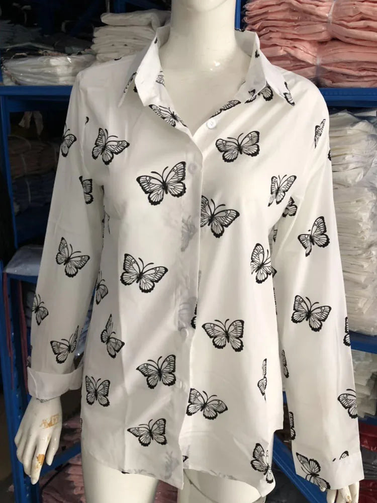 Oversized S-5XL Women Butterfly Print Loose Blouse Shirts Summer Female Long Sleeve Button Baggy OL Workwear Tops ARJ-199Y