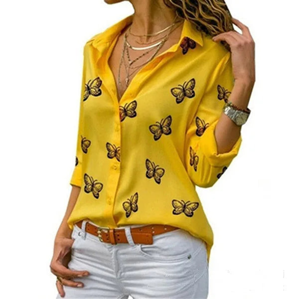 Oversized S-5XL Women Butterfly Print Loose Blouse Shirts Summer Female Long Sleeve Button Baggy OL Workwear Tops ARJ-199Y