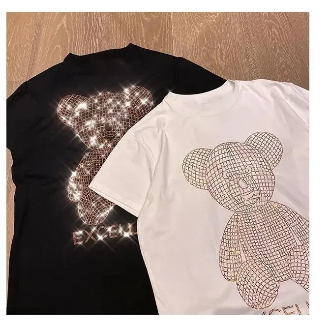 Trendy Diamond-Embellished Gold Bear Short Sleeve T-Shirt Plus Size Women's Summer Korean Style Top Loose Fit Medium-Length