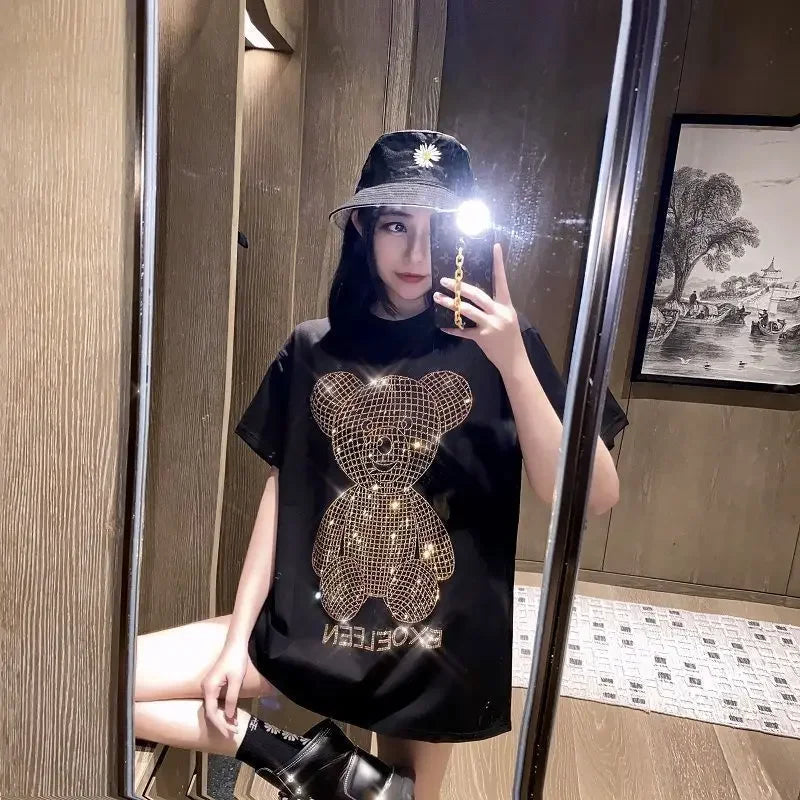 Trendy Diamond-Embellished Gold Bear Short Sleeve T-Shirt Plus Size Women's Summer Korean Style Top Loose Fit Medium-Length