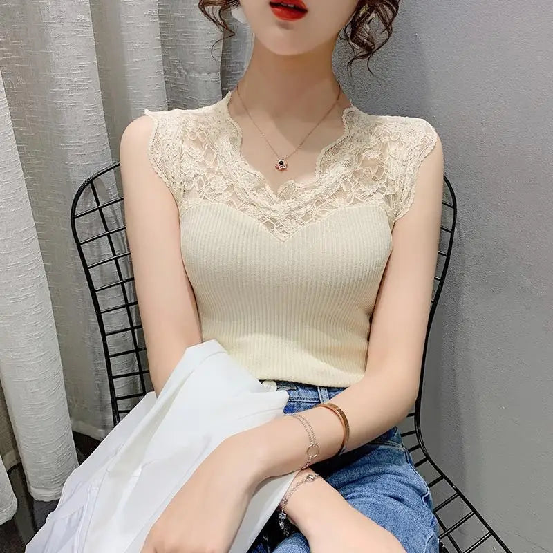 Summer V-neck Lace Stitching Pullover Sleeveless T-shirt Women's See-through Ice Silk Vest Suspender Knitted Base Layer Women