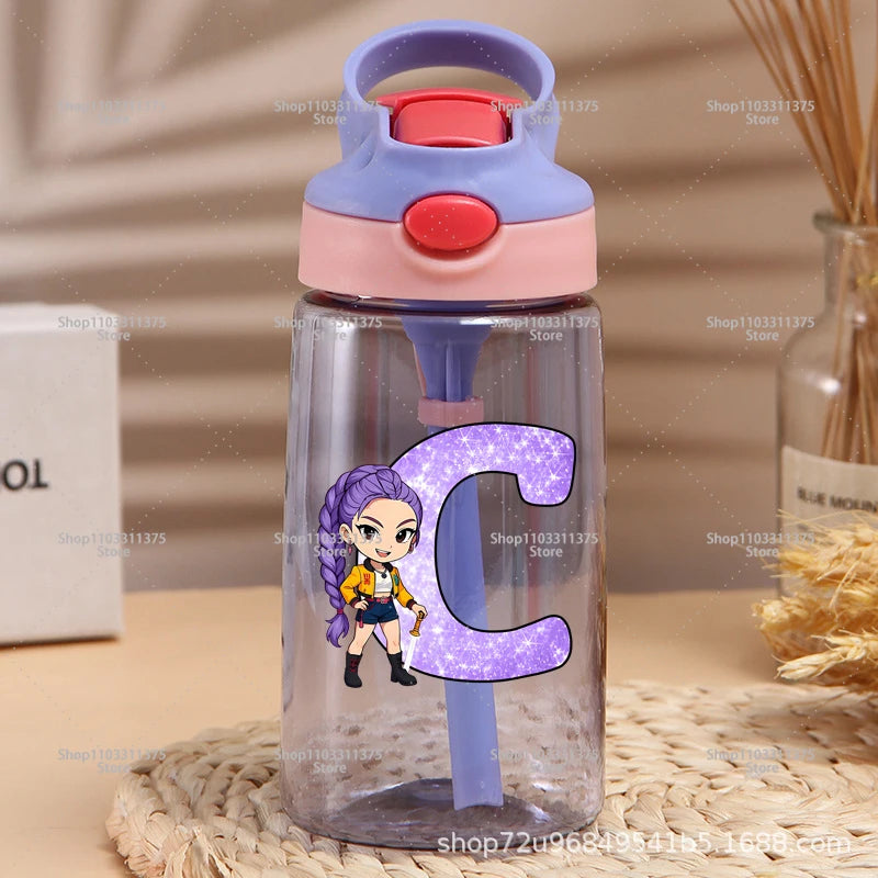Move K-Pop Demon Hunters Plastic Water Bottle with Straw Letter A-Z Fashion Portable Portable Kettle Girls Cartoon Birthday Gift