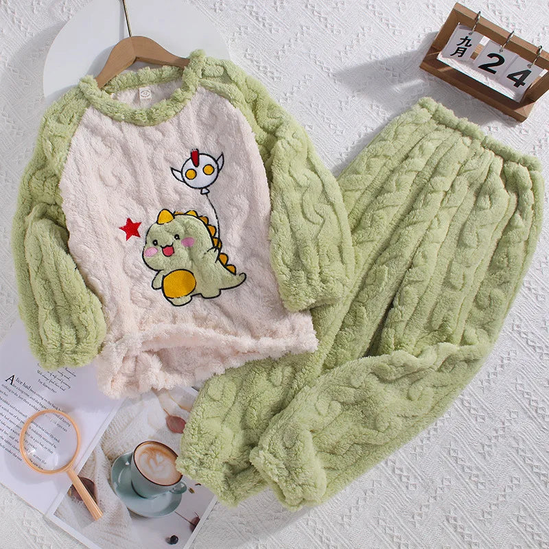 Winter Children's Jacquard Plush Pajamas round Neck Cartoon Set Soft Warm Sleepwear for Kids