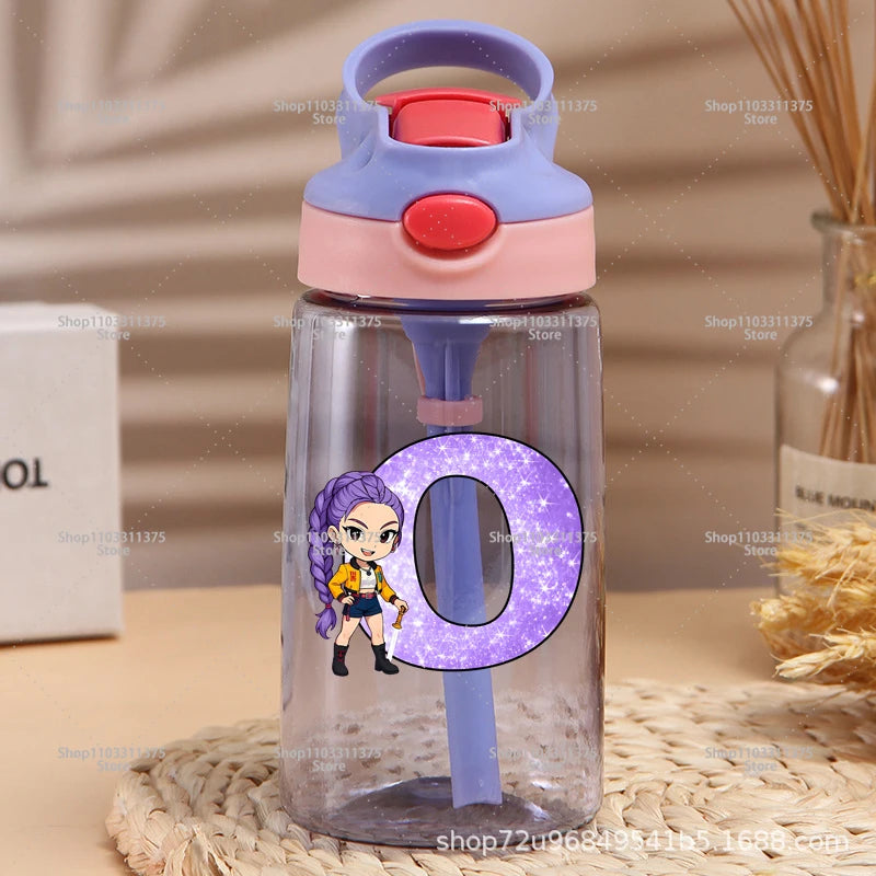 Move K-Pop Demon Hunters Plastic Water Bottle with Straw Letter A-Z Fashion Portable Portable Kettle Girls Cartoon Birthday Gift