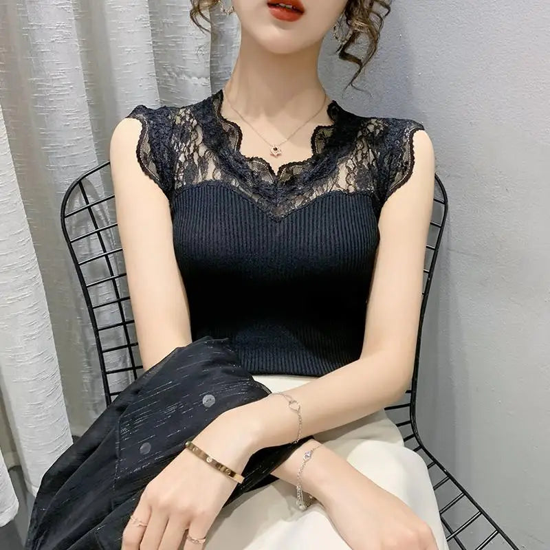 Summer V-neck Lace Stitching Pullover Sleeveless T-shirt Women's See-through Ice Silk Vest Suspender Knitted Base Layer Women