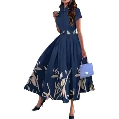 Print Floral Dresses Short Sleeve Turn Down Collar Women Button Dress A Line Folds Vestidos Belt Casual Basics 2025 Summer