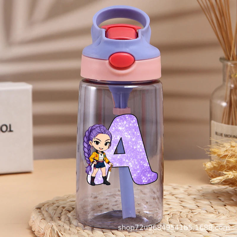 Move K-Pop Demon Hunters Plastic Water Bottle with Straw Letter A-Z Fashion Portable Portable Kettle Girls Cartoon Birthday Gift