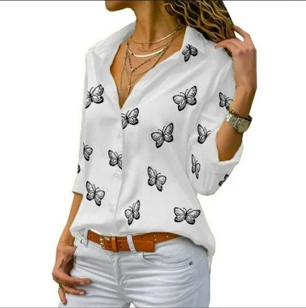 Oversized S-5XL Women Butterfly Print Loose Blouse Shirts Summer Female Long Sleeve Button Baggy OL Workwear Tops ARJ-199Y