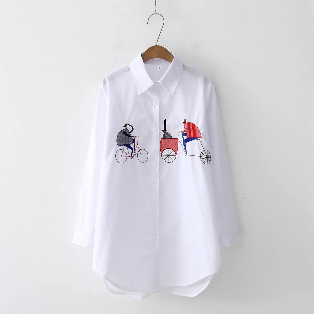 New White Women Blouse 2025 Long Sleeve Cotton Embroidery Blouse Lady Casual Button Design Turn Down Collar Female Shirt