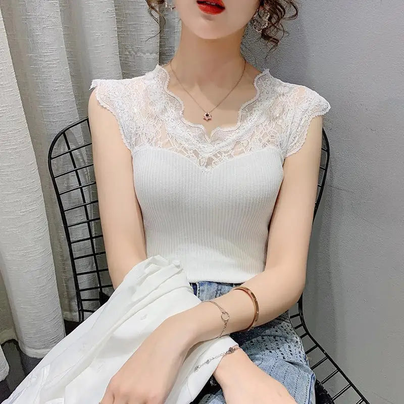 Summer V-neck Lace Stitching Pullover Sleeveless T-shirt Women's See-through Ice Silk Vest Suspender Knitted Base Layer Women
