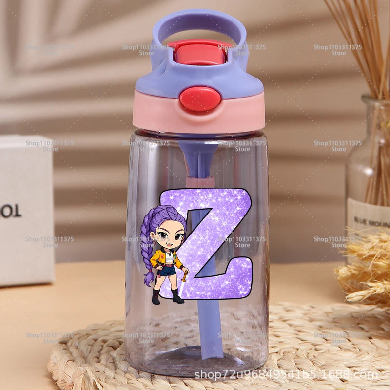 Move K-Pop Demon Hunters Plastic Water Bottle with Straw Letter A-Z Fashion Portable Portable Kettle Girls Cartoon Birthday Gift