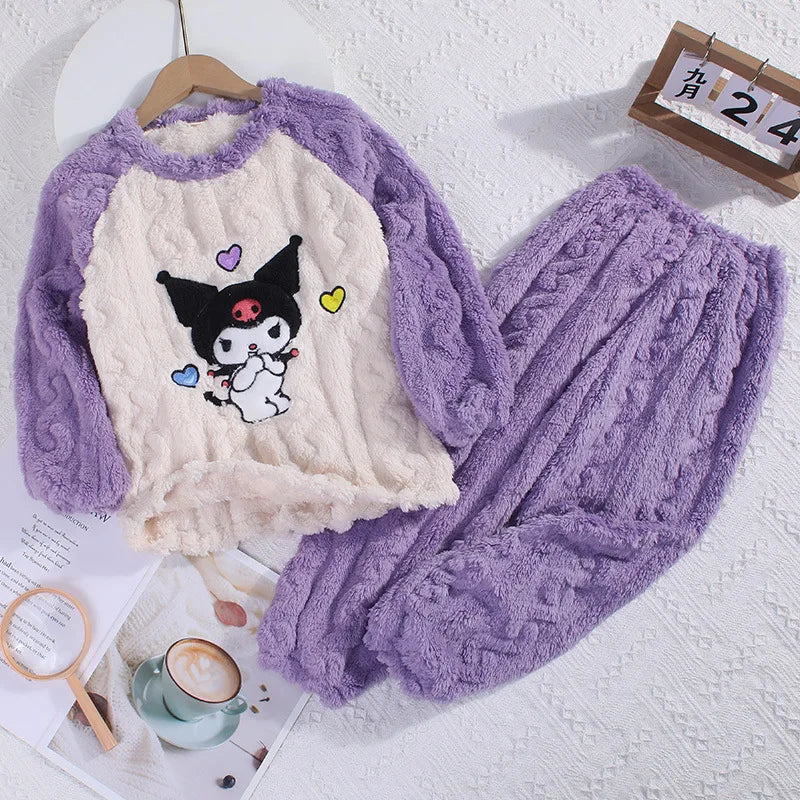 Winter Children's Jacquard Plush Pajamas round Neck Cartoon Set Soft Warm Sleepwear for Kids
