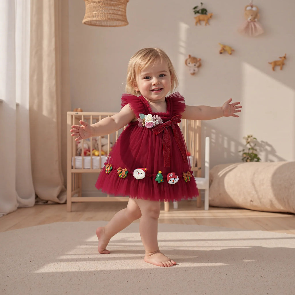 FOCUSNORM 0-4Y Princess Kids Girls Christmas Tulle Dress 3D Flower Santa Bow Sleeveless Suspender A-Line Dress for Party
