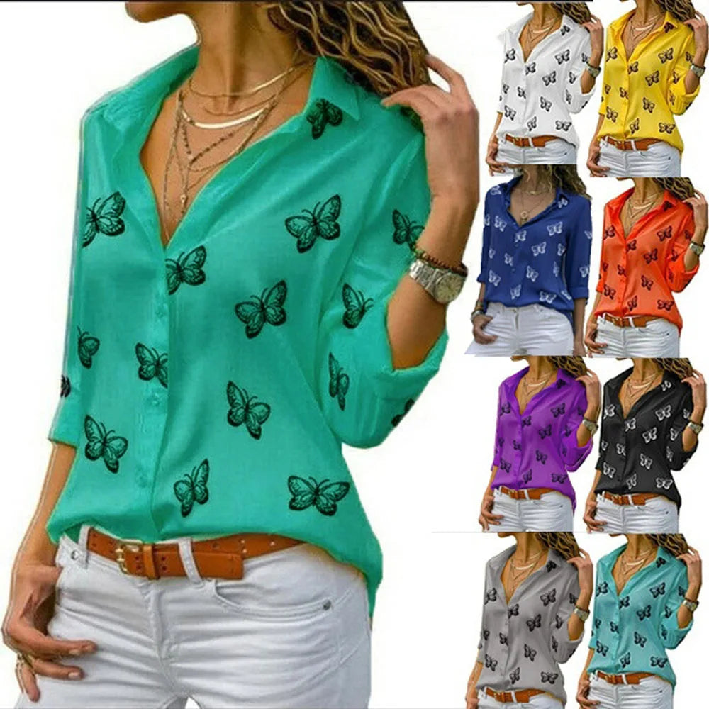 Oversized S-5XL Women Butterfly Print Loose Blouse Shirts Summer Female Long Sleeve Button Baggy OL Workwear Tops ARJ-199Y