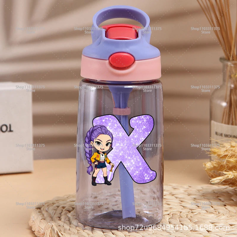 Move K-Pop Demon Hunters Plastic Water Bottle with Straw Letter A-Z Fashion Portable Portable Kettle Girls Cartoon Birthday Gift