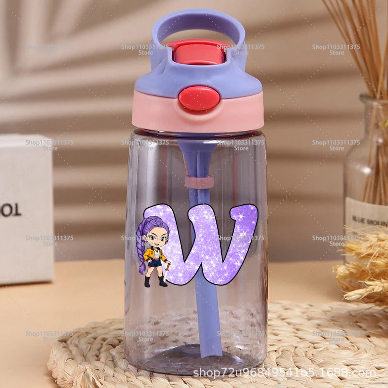 Move K-Pop Demon Hunters Plastic Water Bottle with Straw Letter A-Z Fashion Portable Portable Kettle Girls Cartoon Birthday Gift