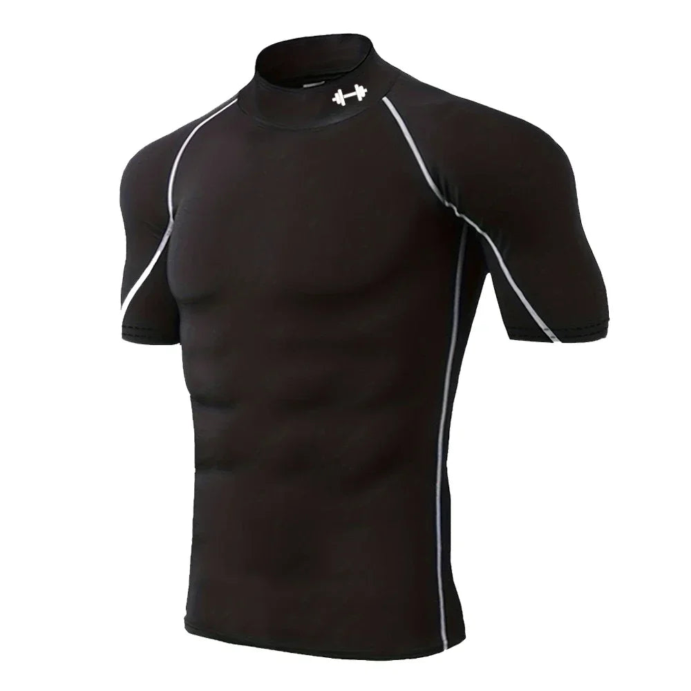 Men's Fitness Compression Short-sleeved Summer Outdoor Sports Running Tight T-shirt Breathable Turtleneck Training Suit Top