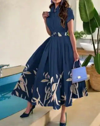 Print Floral Dresses Short Sleeve Turn Down Collar Women Button Dress A Line Folds Vestidos Belt Casual Basics 2025 Summer